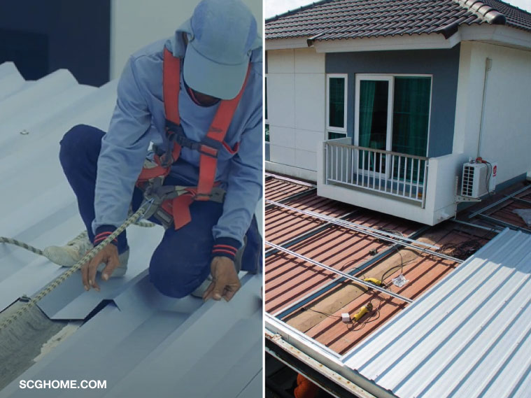 ฝนตกหลังคารั่ว ซ่อมหลังคารั่ว ลอนคู่ Top Up Roof ช่างซ่อมหลังคา ซ่อมหลังคา SCG วิธีแก้หลังคารั่ว Double Roof