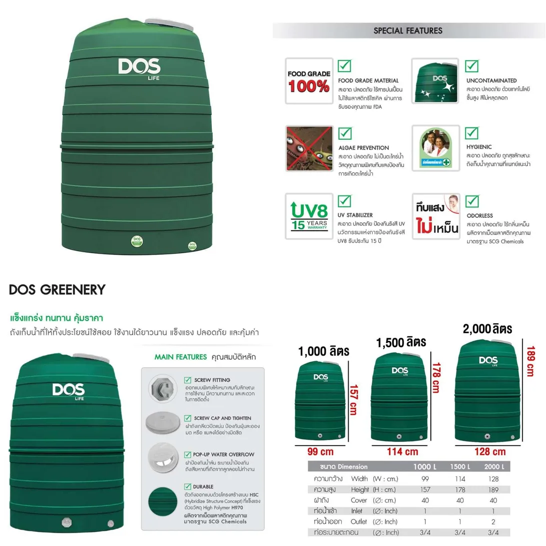 ถังเก็บน้ำ DOS 1000 ลิตร DOS GREENERY รุ่น ECO-04/GR-1000L สีเขียว