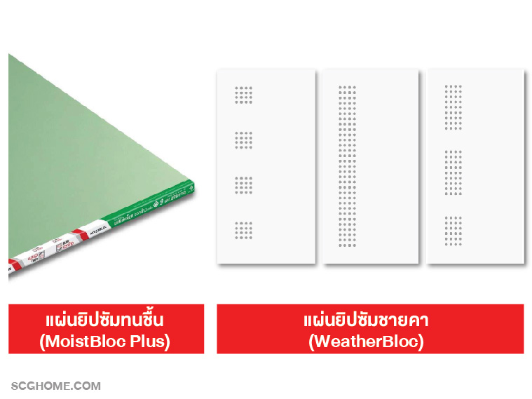 แผ่นยิปซัมทนชื้น (MoistBloc Plus) และ แผ่นยิปซัมชายคา (WeatherBloc)