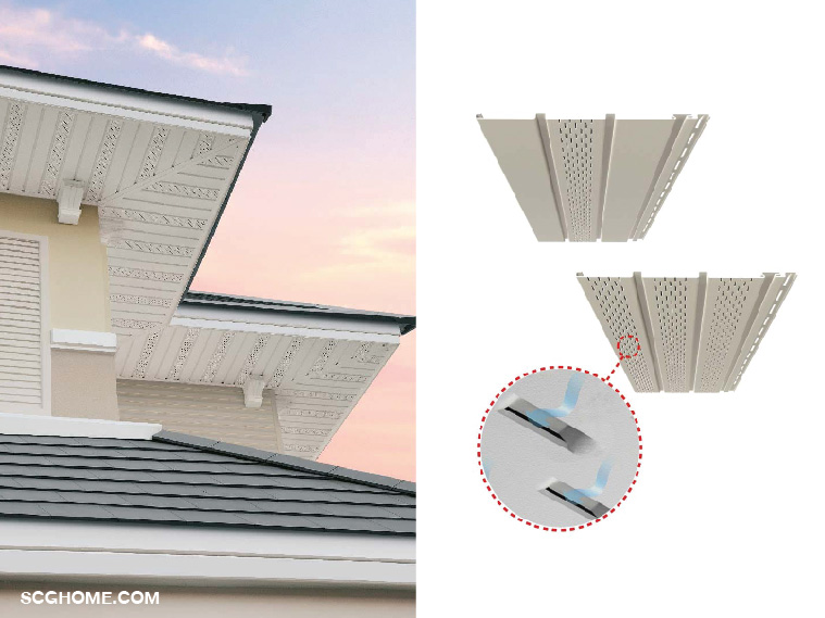 การติดตั้งฝ้าชายคาระบายอากาศร่วมด้วยช่วยเพื่มการระบายอากาศในโถงหลังคา