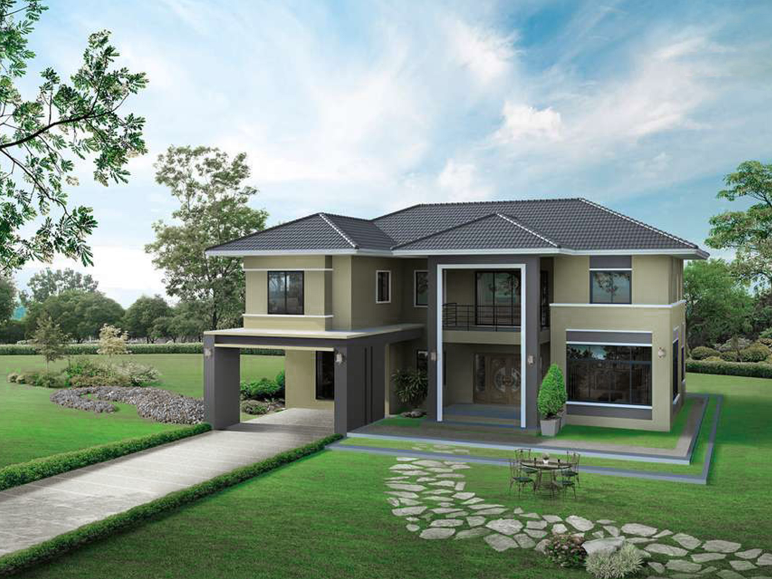 ไอเดียแต่งบ้าน 2 ชั้น โทนสีครีมเทาสไตล์ร่วมสมัย