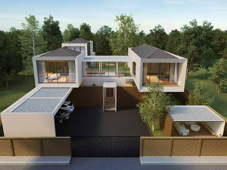 บ้านสองชั้นสไตล์โมเดิร์นทรงกล่องซ่อนหลังคาในสัดส่วนที่ลงตัว  