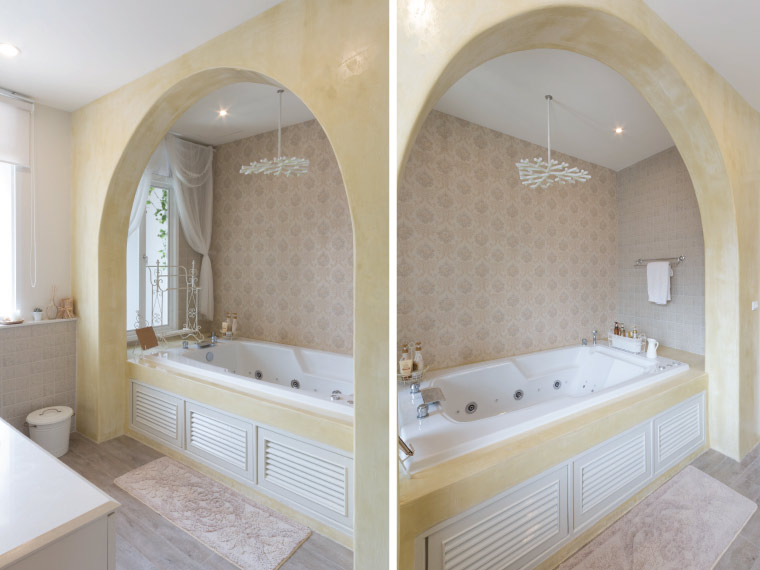 ผ่อนคลายอารมณ์ในห้องน้ำสไตล์รีสอร์ทแสนหวานผ่านซุ้มโค้งฉาบสกิมโค้ท