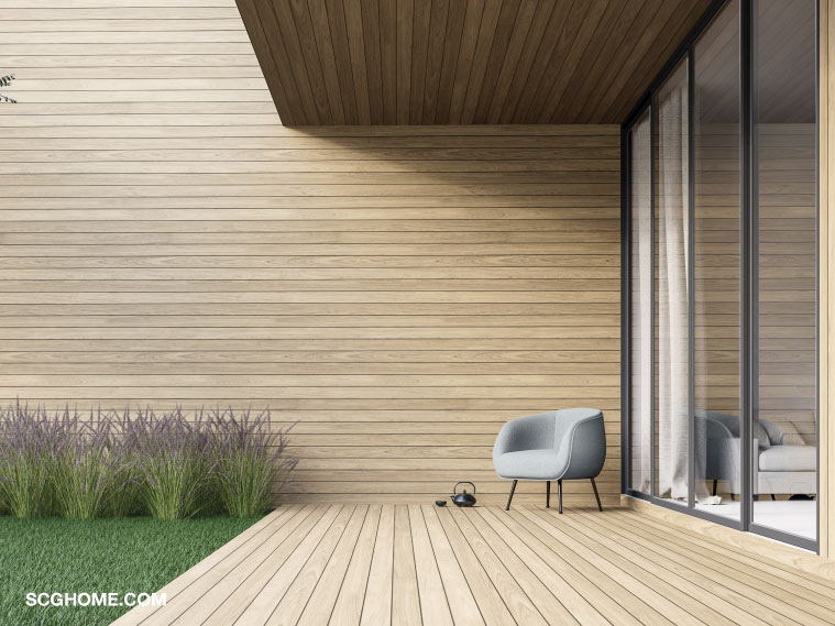 แต่งมุมพักผ่อนหน้าบ้านลุคเนเชอรัลแบบทันสมัย ด้วยไม้และพื้นที่สีเขียว