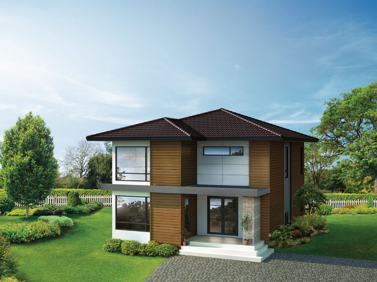 บ้านเรียบง่ายโทนสีขาวน้ำตาลตกแต่งด้วยไม้ฝากลมกลืนธรรมชาติโดยรอบ