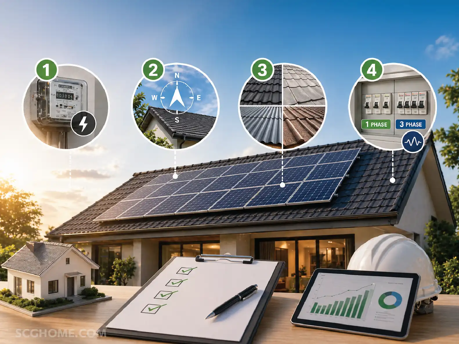 โซลาร์เซลล์บนหลังคาบ้าน พร้อมภาพสื่อถึงเช็กลิสต์ก่อนติดตั้ง เช่น พฤติกรรมการใช้ไฟ ทิศทางหลังคา และระบบไฟ 1 เฟส 3 เฟส