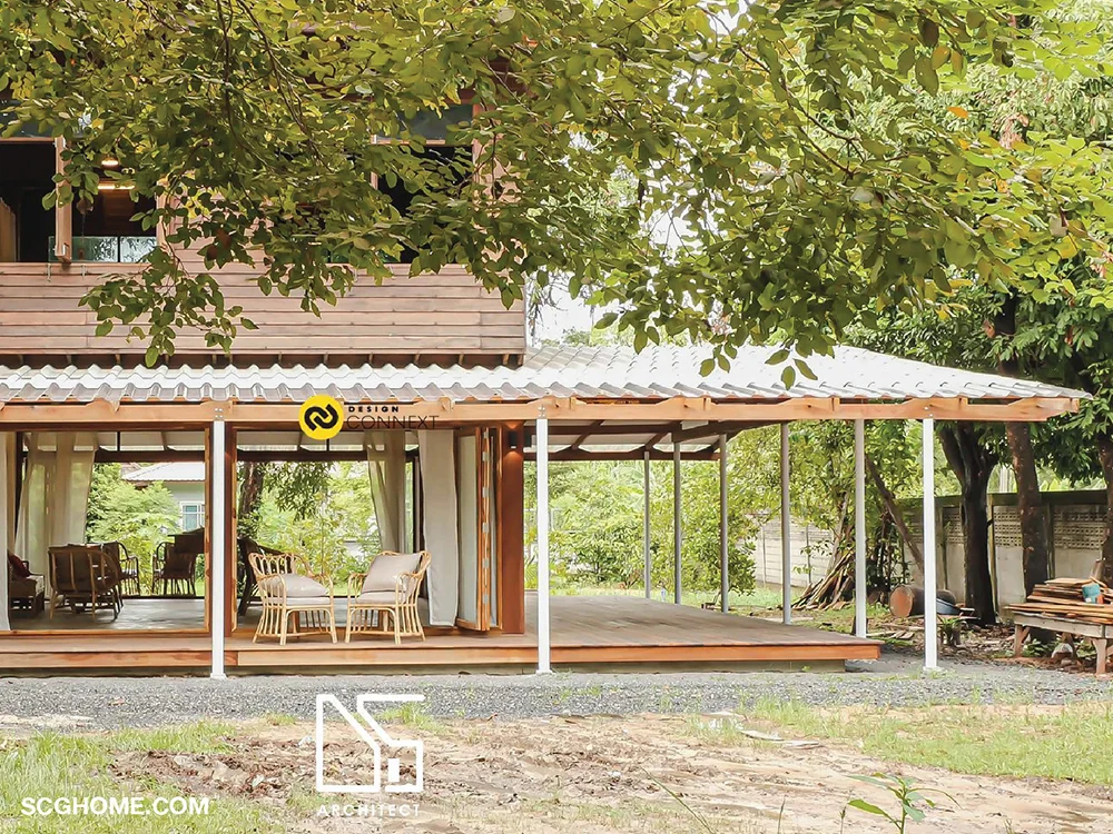 ระเบียงบ้านขนาดใหญ่และหลังคาที่ยื่นยาว