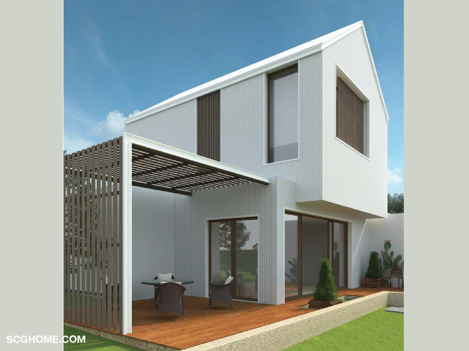 ฝาบ้าน ผนังบ้าน แผ่นตกแต่งผนัง ผนังบังใบ เอสซีจี รุ่นรัสติค ทำสีเทาขาว