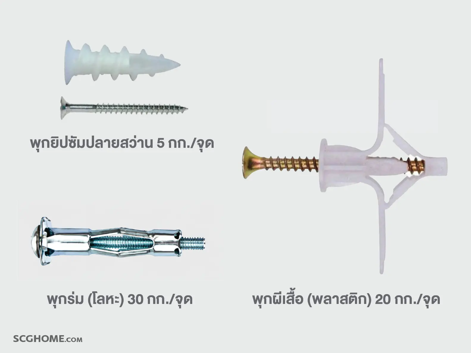 ตัวอย่างพุกที่ใช้กับผนังยิปซัมบอร์ด