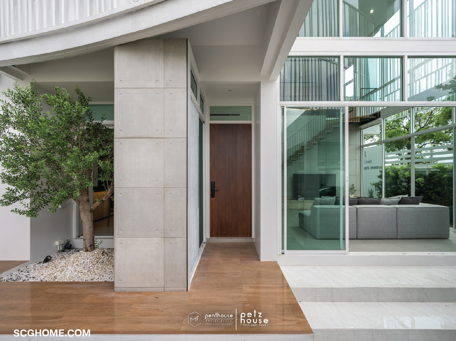 ผนังปูนเปลือยที่ใช้แผ่นไฟเบอร์ซีเมนต์ในการตกแต่ง