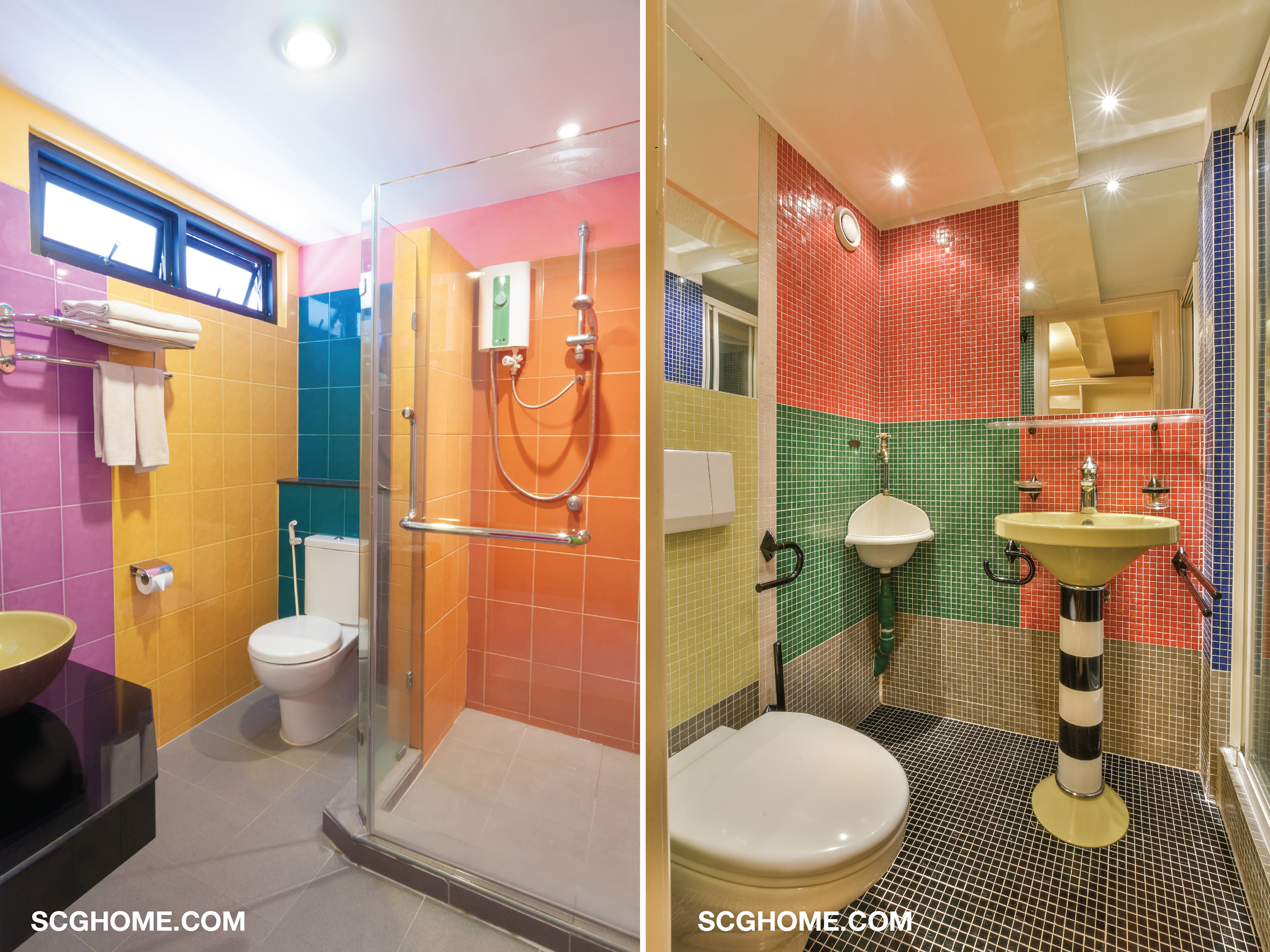 แบบกระเบื้องห้องน้ำ ลายกระเบื้องห้องน้ำ กับตัวอย่างการตกแต่งผนังห้องน้ำด้วยกระเบื้องสีสันสดใส