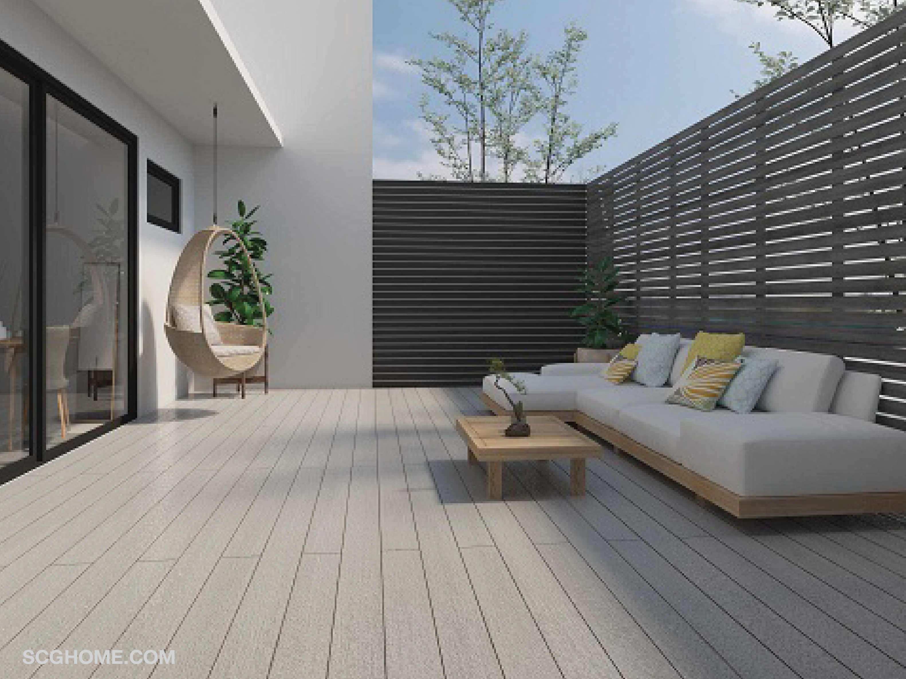 SCGHome ต่อเติมพื้นที่กินข้าว พื้นไม้เทียม ไม้เทียมไฟเบอซีเมนต์ ไม้พื้น นั่งเล่น ทีคลิปชิลด์