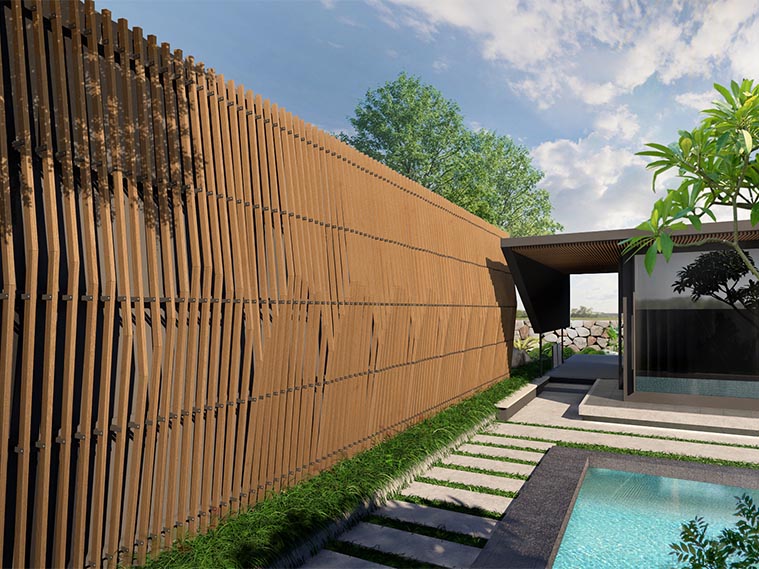 ตกแต่งริมรั้วด้วยไม้ระแนงที่เรียงตัวเป็นจังหวะน่าสนใจ