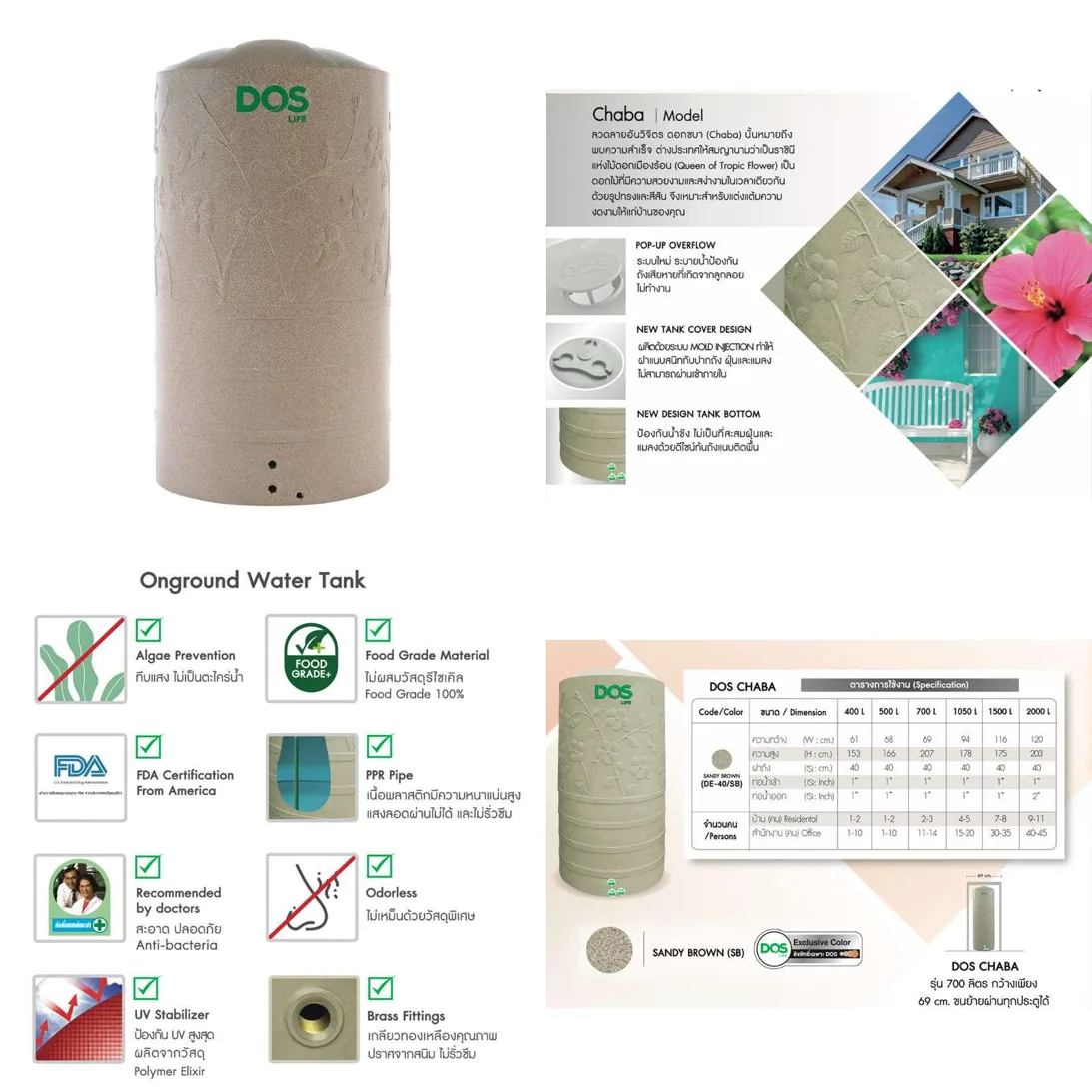 ถังเก็บน้ำ DOS 1000 ลิตร DOS CHABA รุ่น DE-40/SB-1050L สี Sandy Brown