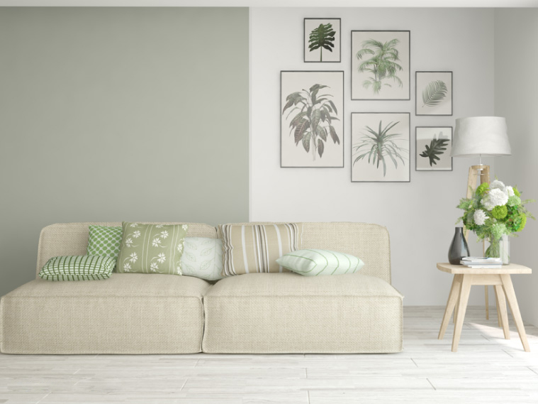 แต่งห้องนั่งเล่นโทนพาสเทล เทาขาว แซมสีเขียวธรรมชาติ