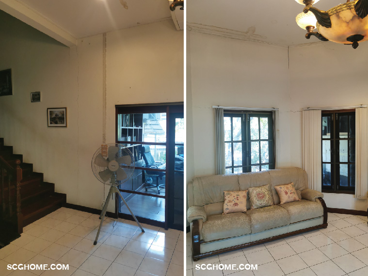 ผนังเกิดรอยแตกร้าวในแนวตรงและแนวขวาง