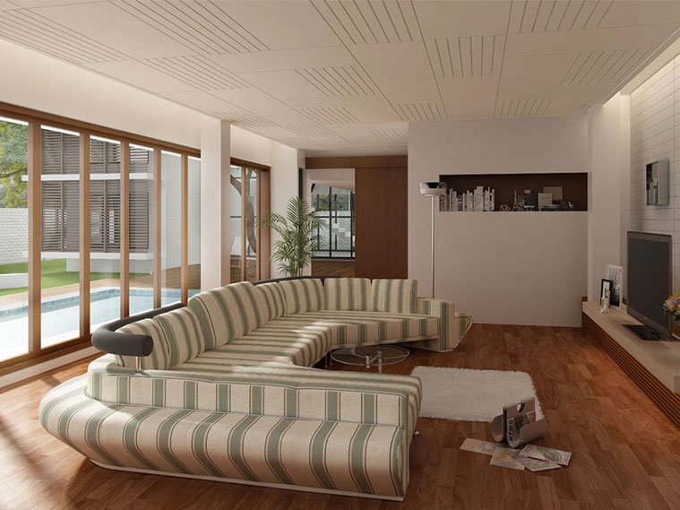 ห้องนั่งเล่นบรรยากาศสบาย แต่งฝ้าเพดานด้วยลูกเล่นสลับลาย เพิ่มเส้นสายที่ผนัง