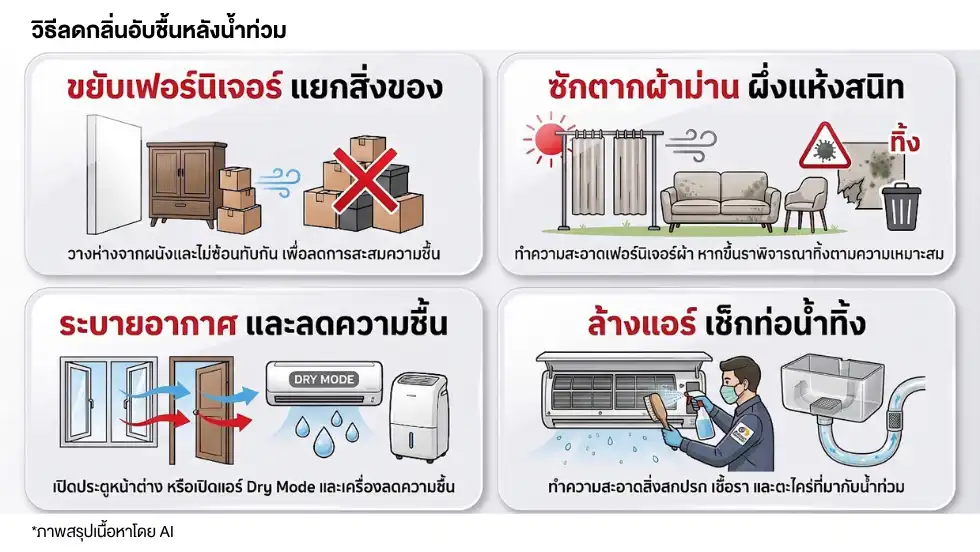 วิธีลดกลิ่นอับชื้นหลังน้ำท่วม