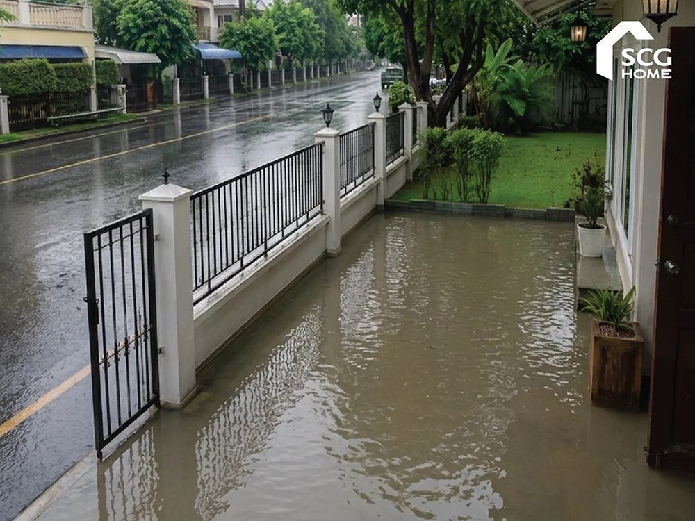 ฝนตกทีไร น้ำท่วมทุกที!! วิธีแก้ปัญหาบ้านต่ำกว่าถนนแบบตรงจุด