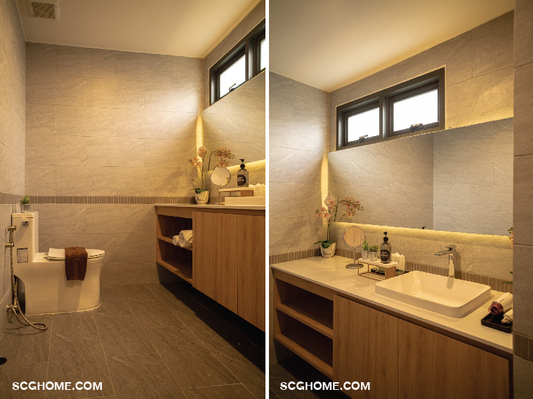 เลือกใช้วัสดุตกแต่งลวดลายหินธรรมชาติและใช้สีเอิร์ทโทน