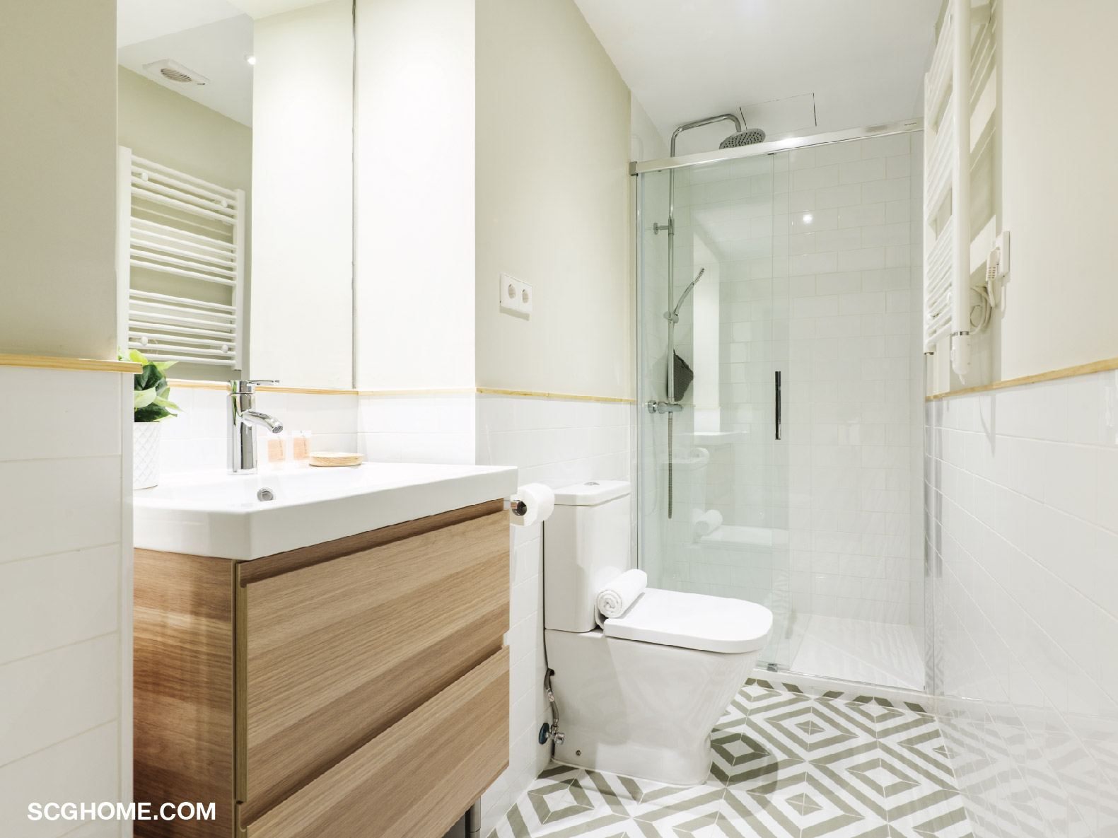 กระเบื้องพื้นลวดลายโมเดิร์นกับผนังโทนสีสว่าง