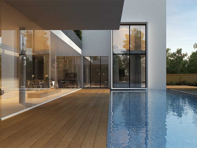 สร้างบรรยากาศผ่อนคลายให้ระเบียงพื้นไม้ริมสระว่ายน้ำ