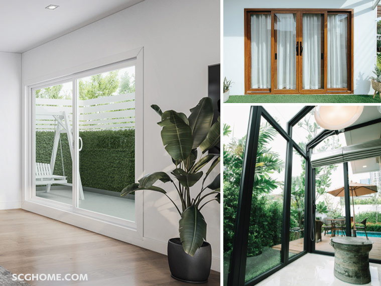 บานประตู UPVC ลูกฟักกระจก พร้อมวงกบ UPVC สีขาว สีดำ และน้ำตาลลายไม้