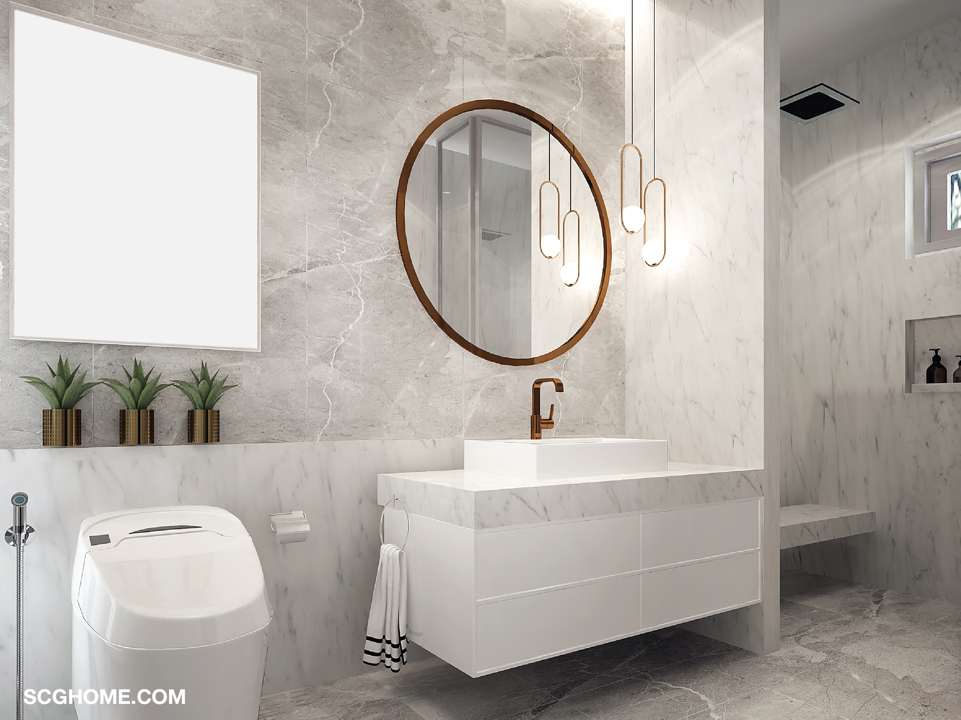 แบบกระเบื้องห้องน้ำ ลายกระเบื้องห้องน้ำ กับตัวอย่างห้องน้ำขนาดเล็กปูกระเบื้องโทนสีอ่อน