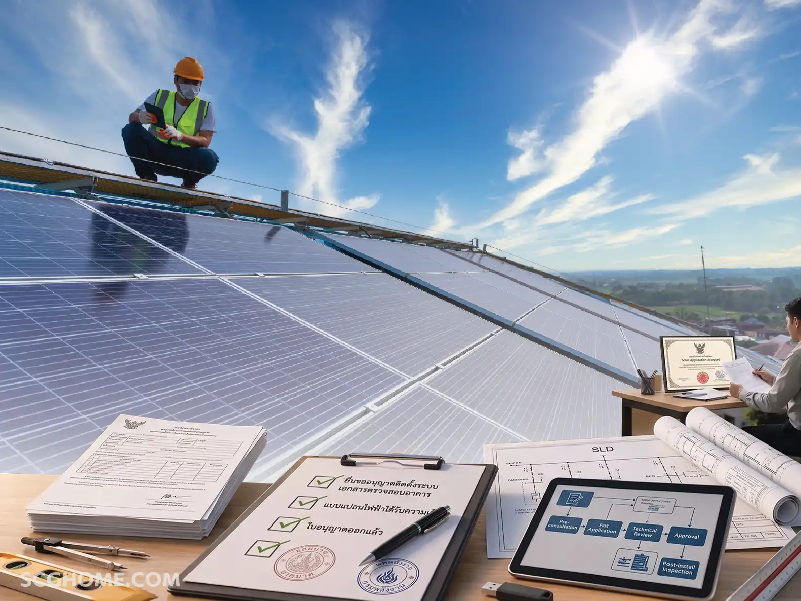 ภาพบ้านติดโซลาร์เซลล์บนหลังคา พร้อมสื่อถึงขั้นตอนการขออนุญาตติดตั้งกับหน่วยงานราชการ เช่น การไฟฟ้า เขต และ กกพ เพื่อความปลอดภัยและถูกต้องตามกฎหมาย