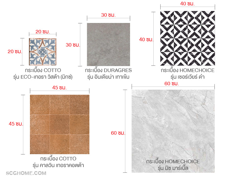 ตัวอย่างแผ่นกระเบื้องรูปทรงสี่เหลี่ยมจตุรัส