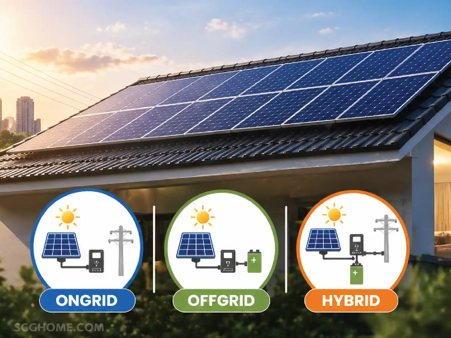 โซลาร์เซลล์บนหลังคาบ้าน พร้อมตัวอย่างระบบโซลาร์เซลล์ On Grid Off Grid และ Hybrid