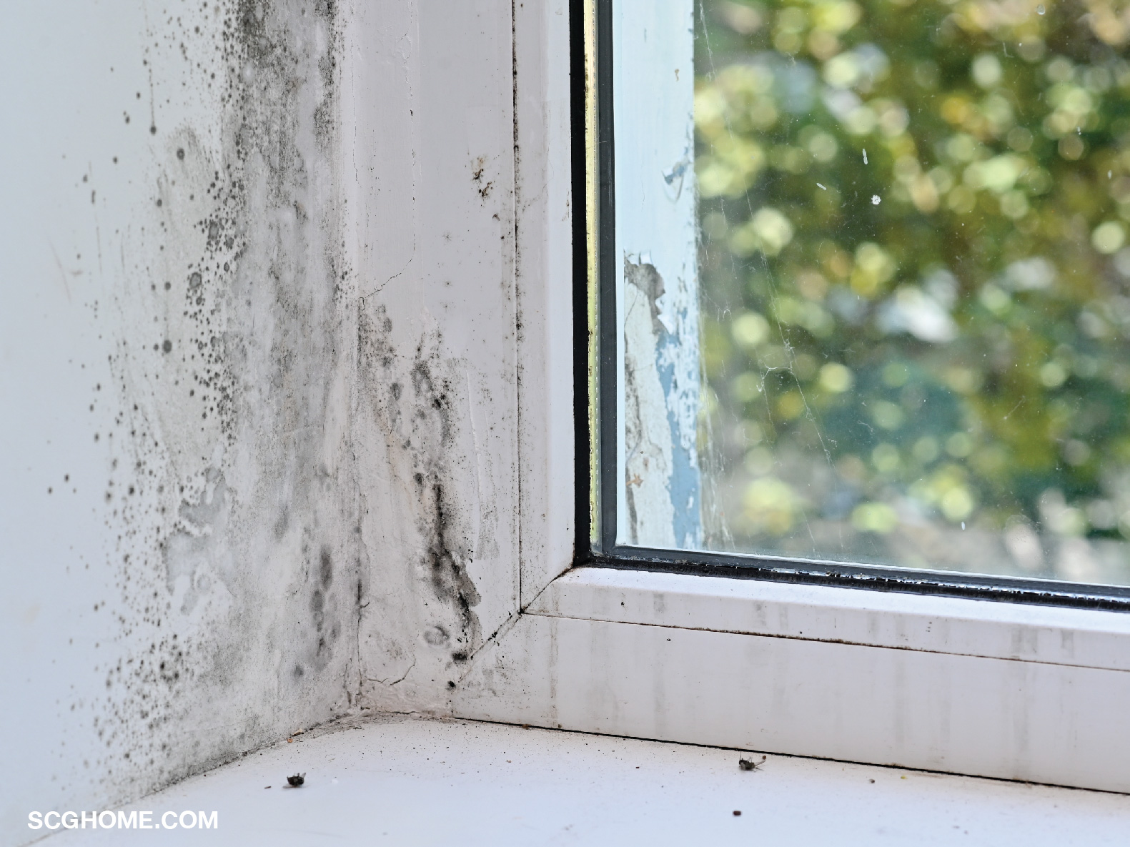 น้ำรั่วขอบหน้าต่างแล้วทิ้งไว้นานจนทำให้ผนังขึ้นรา
