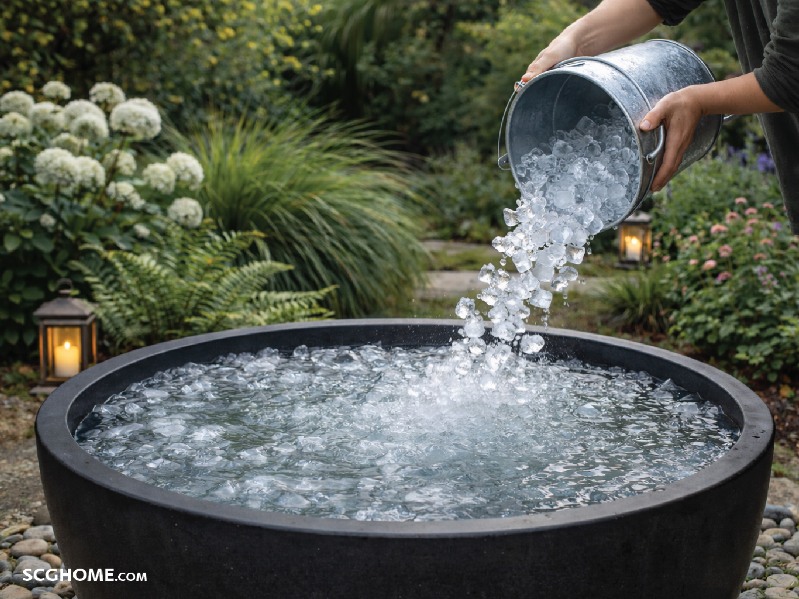 เติมน้ำเย็นจนเต็มอ่าง เทน้ำแข็งลงไปทีละน้อย