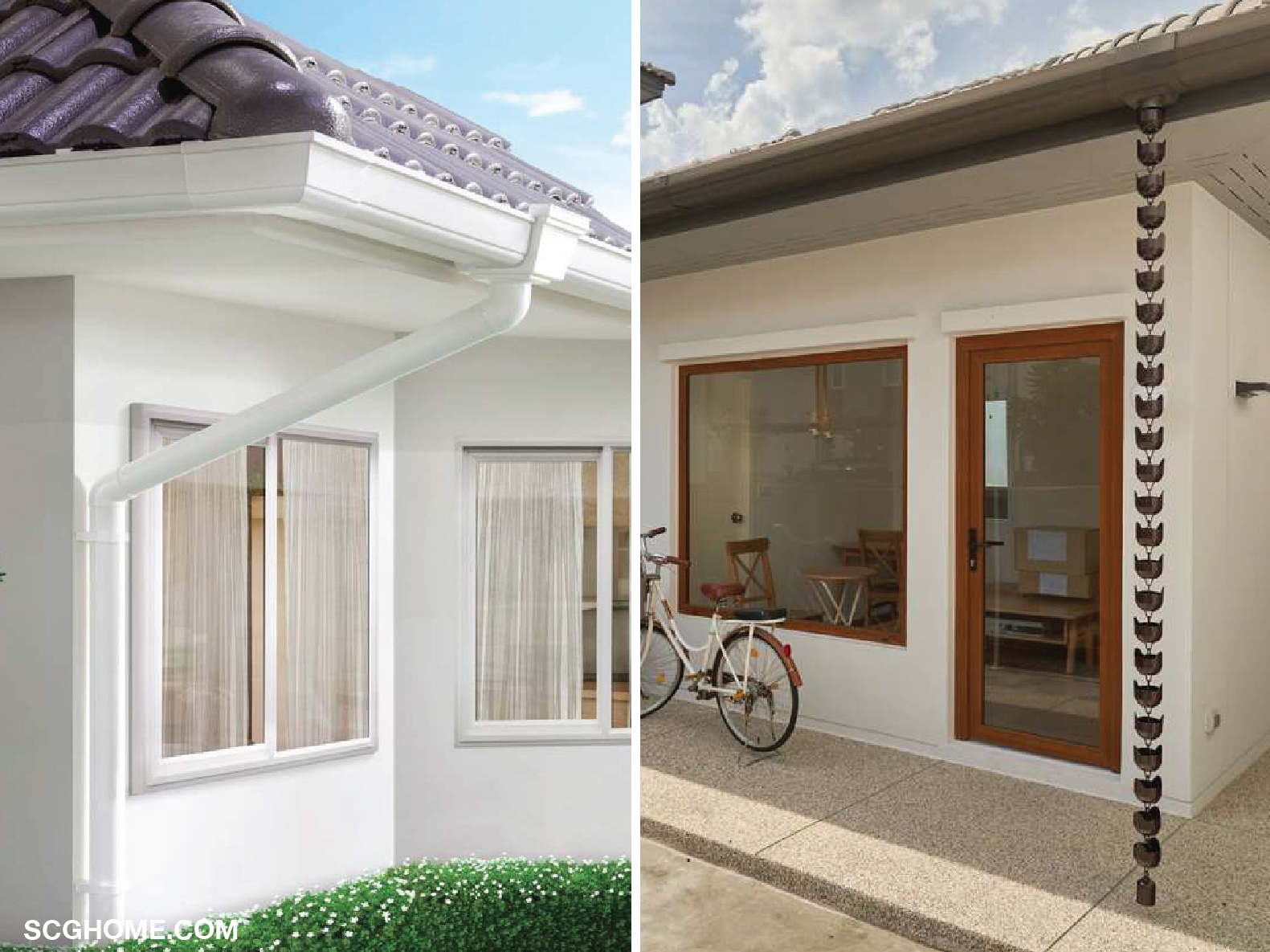 ท่อระบายน้ำฝน (ซ้าย) และ โซ่ระบายน้ำฝน (ขวา)