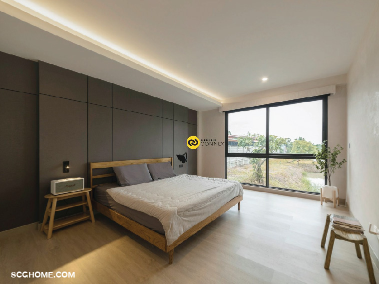 บรรยากาศห้องนอนเรียบง่ายโทนสีเข้ม