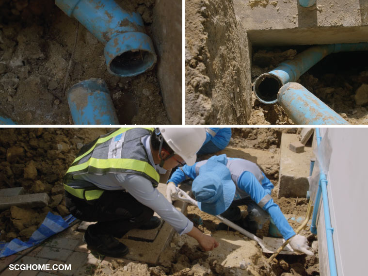 โพรงใต้บ้าน ดินทรุดรอบบ้าน ท่อประปารั่วใต้พื้นบ้าน ดินทรุด ท่อหลุด ซ่อมพื้นบ้านทรุด พื้นบ้านทรุด แก้ไข