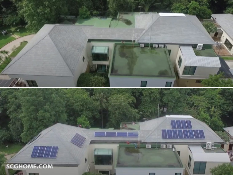 ก่อนและหลังติดตั้ง Solar Roof หลังคาโซล่าเซลล์ภาพ: ตัวอย่างหลังคาก่อนและหลังติดตั้งแผงโซลาร์เซลล์