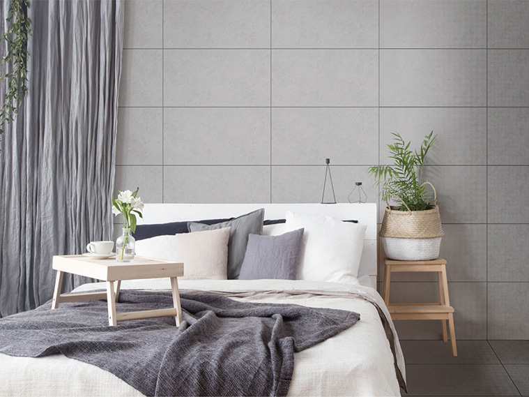 แต่งพื้นผนังห้องนอนสไตล์โมเดิร์นด้วยกระเบื้องลายหินอบอุ่นเรียบง่าย