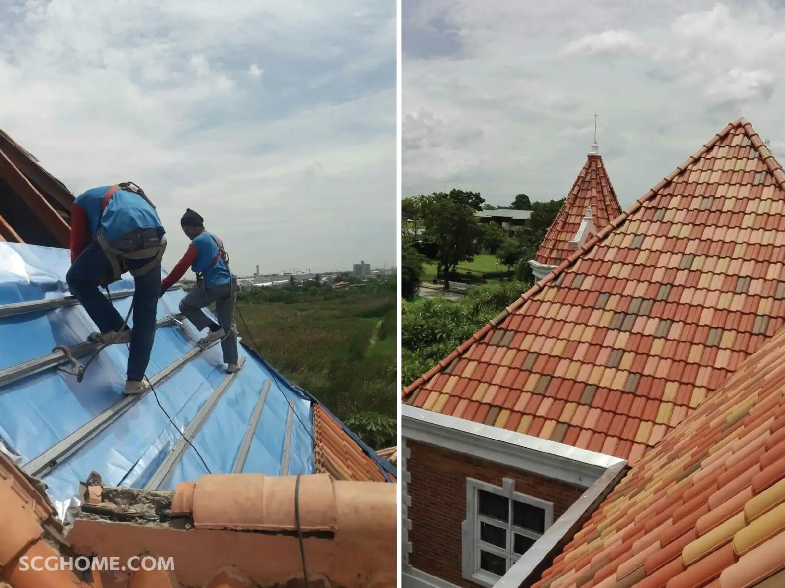 ช่างซ่อมหลังคาทำการติดตั้งแผ่น Roof Sarking ใต้หลังคาเพื่อแก้ปัญหาน้ำรั่วซึมจากความชันหลังคาไม่ได้มาตรฐาน