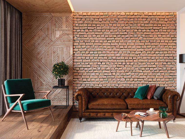 ไอเดียตกแต่งห้องนั่งเล่นสไตล์วินเทจแฝงกลิ่นอายธรรมชาติด้วยวัสดุไม้และอิฐ