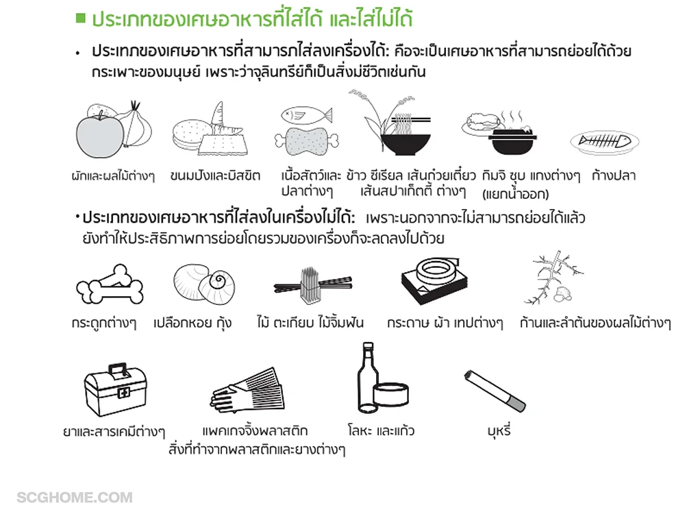 แผนภาพบอกชนิดเศษอาหารเหลือทิ้ง ที่เหมาะและไม่เหมาะกับเครื่องย่อยเศษอาหาร เครื่องกำจัดเศษอาหาร foodwastecomposter hass