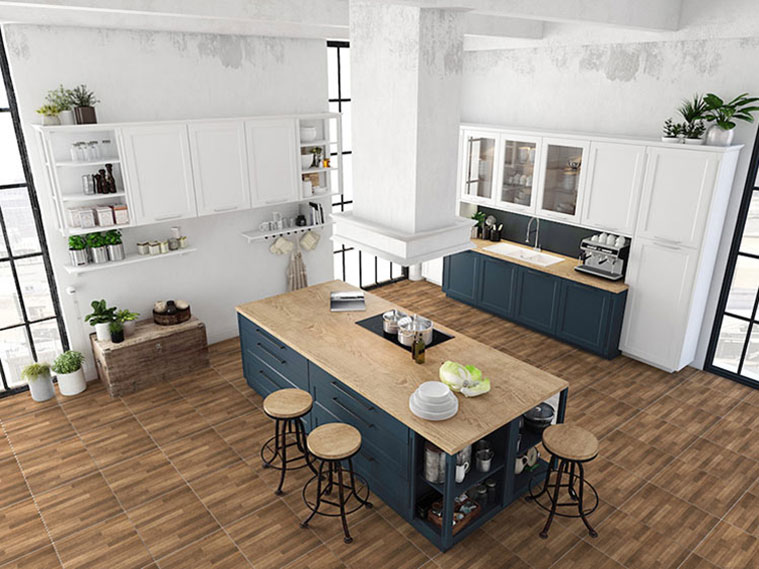 พื้นลายไม้กับห้องครัวสีขาวสไตล์วินเทจ 