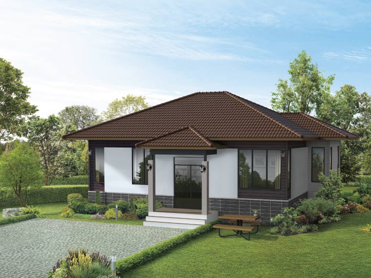 บ้านชั้นเดียวสีขาว กับหลังคาสีน้ำตาลในลุคสุขุมสไตล์ร่วมสมัย