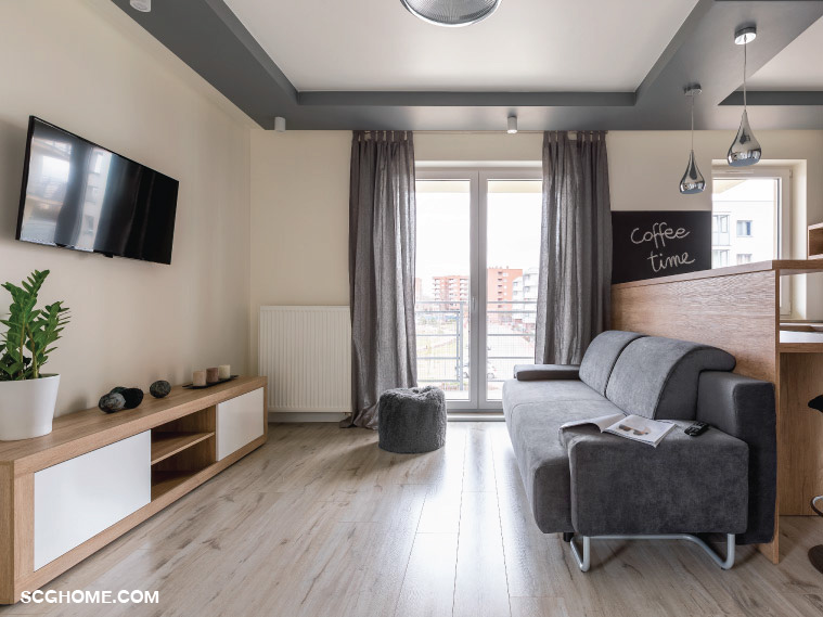 ฝ้าฉาบเรียบสีขาวทำกรอบหนาสีเทา