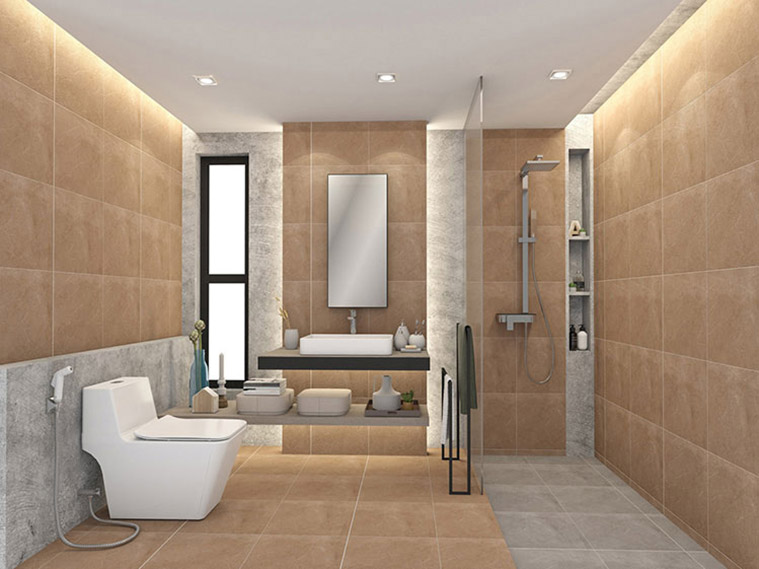 ลูกเล่นสลับสีพื้นผนังในห้องน้ำบรรยากาศเรียบหรู