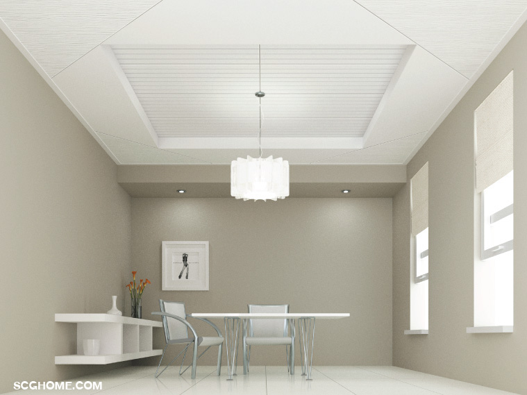 ฝ้าไฟเบอร์ซีเมนต์แบบเซาะร่องทำฝ้าหลุมล้อมรอบด้วยแผ่นแบบเรียบและแบบลายไม้