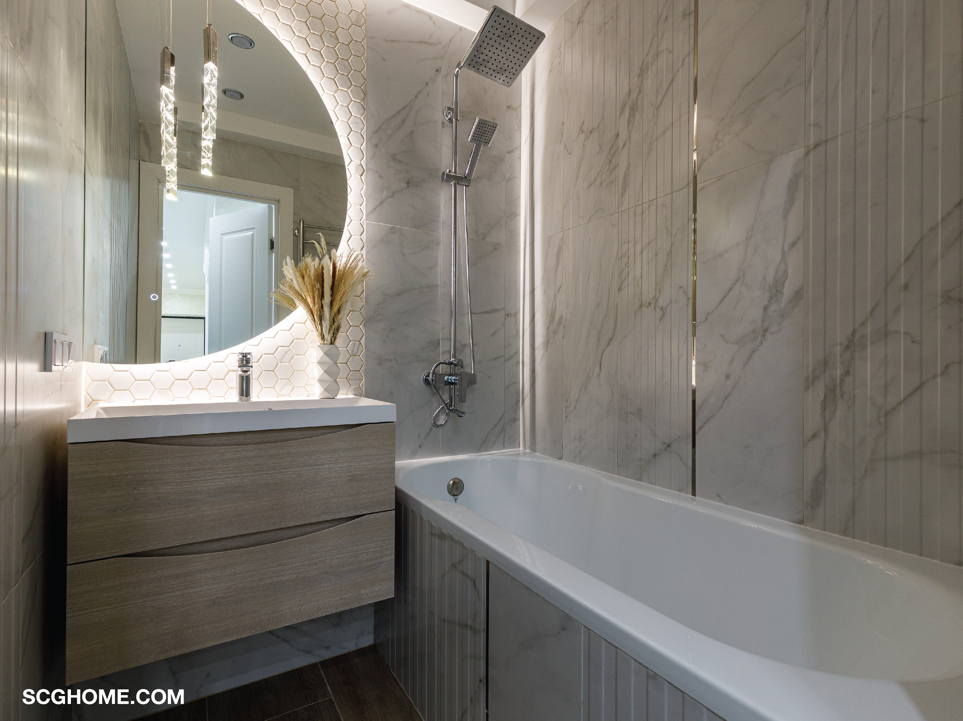 ตัวอย่างแบบกระเบื้องห้องน้ำ ลายกระเบื้องห้องน้ำ โดยเลือกใช้กระเบื้องลายหินอ่อนบางๆ