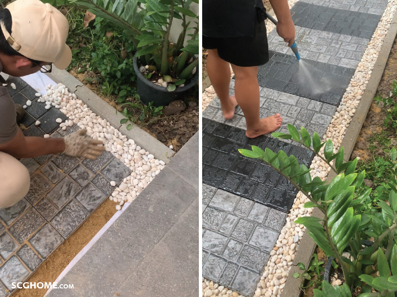 โรยหินแม่น้ำและฉีดล้างทรายออก