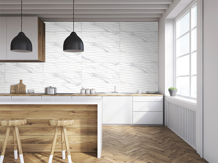 แต่งห้องครัวให้อบอุ่นน่ารักด้วยวัสดุลายไม้และหิน