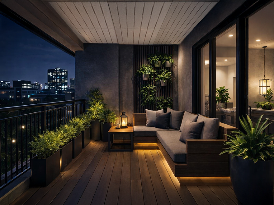 มุมนั่งเล่นระเบียงยามค่ำ กับวิวเมืองสุดอบอุ่น